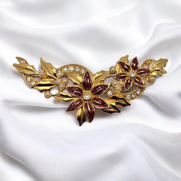 Holiday Gift Lovely Gold Tone Vintage Enamel Poinsettia Christmas Garland Brooch - Picture 8 of 11